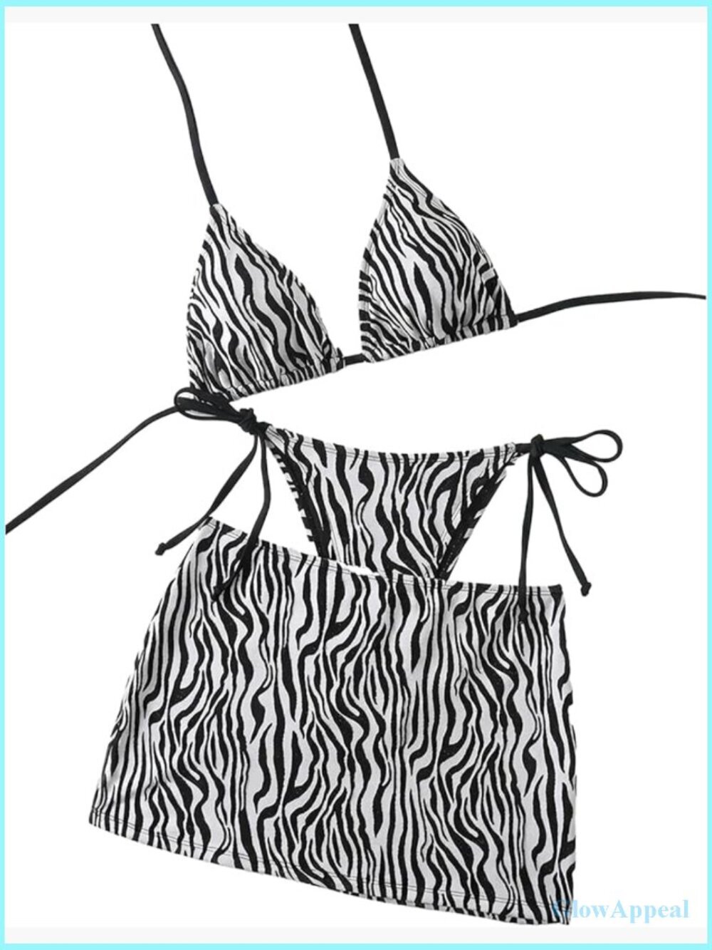 3 Piece Zebra Striped Swimsuit Halter Triangle Bikini Set with Cover Up Skirt